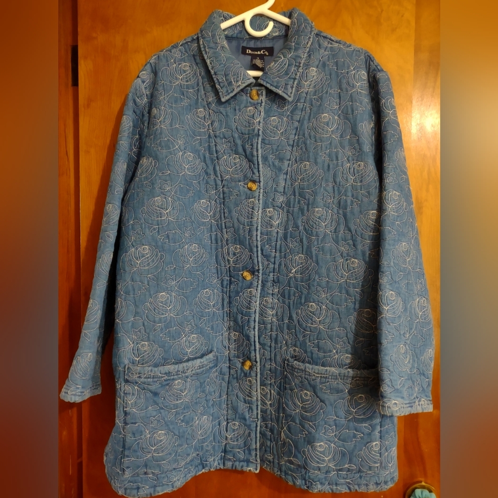 Denim&Co Car Length Lined Jacket/Coat with White Stitching Embroidery